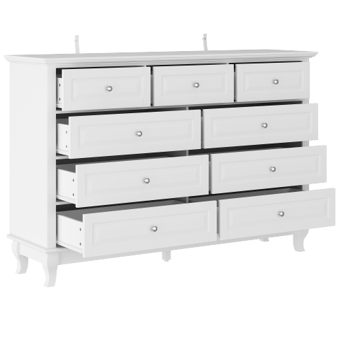 Commode contemporaine à 9 tiroirs Famapy avec pattes en bois massif – Buffet moderne pour chambre, salon ou bureau, blanc