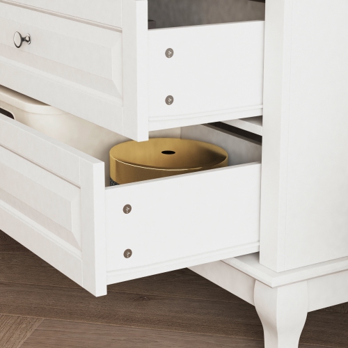 Commode contemporaine à 9 tiroirs Famapy avec pattes en bois massif – Buffet moderne pour chambre, salon ou bureau, blanc