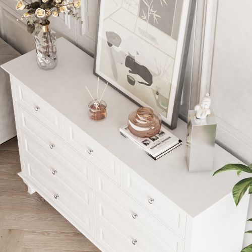 Commode contemporaine à 9 tiroirs Famapy avec pattes en bois massif – Buffet moderne pour chambre, salon ou bureau, blanc