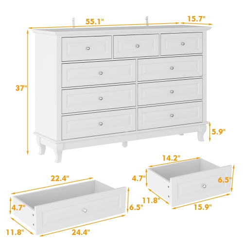 Commode contemporaine à 9 tiroirs Famapy avec pattes en bois massif – Buffet moderne pour chambre, salon ou bureau, blanc