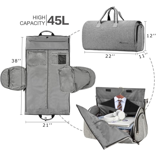 Meidale Convertible Garment Bag with Shoulder Strap| Carry on Garment Duffel Bag for Men, Women - 2 in 1 Hanging Suitcase Suit Travel Bags - Grey