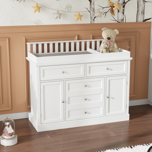 Table à langer autonome avec rangement Famapy, 46,3 po, blanc – 5 tiroirs et armoires pour chambre de bébé, blanc