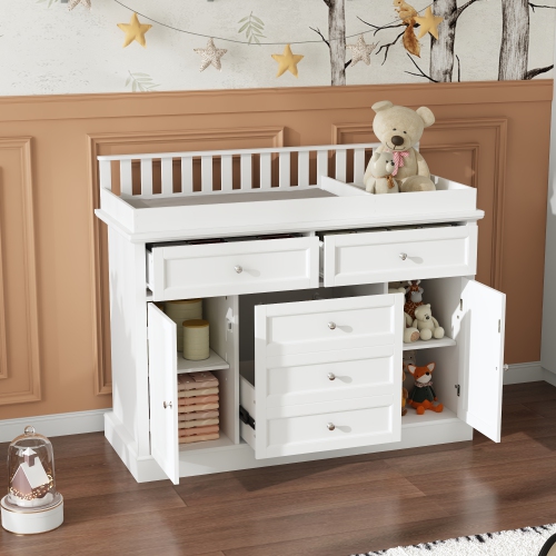 Table à langer autonome avec rangement Famapy, 46,3 po, blanc – 5 tiroirs et armoires pour chambre de bébé, blanc