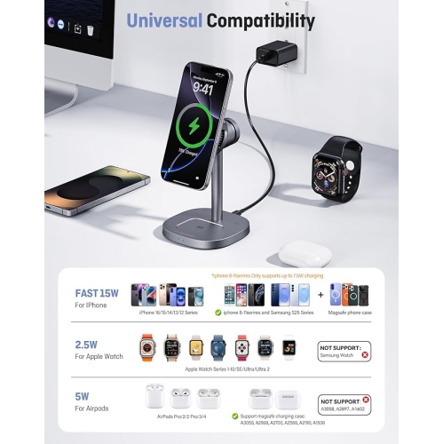 2025 Newest Magnetic Wireless Charger with Active Cooling, 15W Qi2 Certified Fast 3 in 1 Charging Station for Apple Charger Stand, Wireless Charger