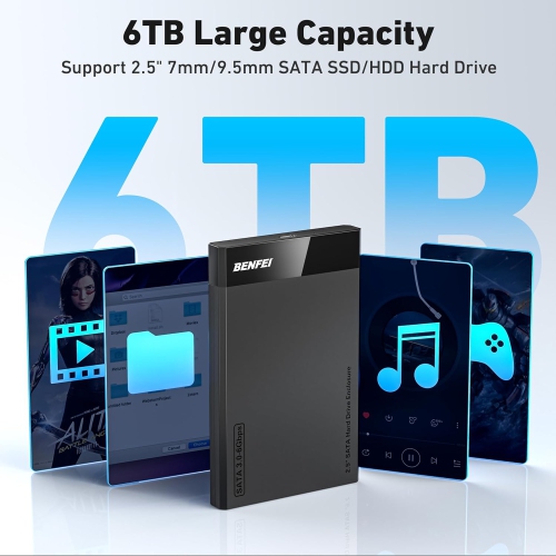 BENFEI 2.5" SATA to USB Enclosure, Tool-Free, 6Gbps, UASP, Optimized for SSD/HDD