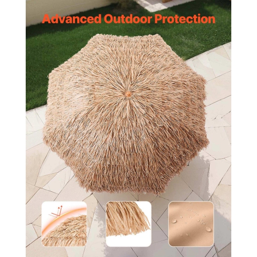 VEVOR 8 ft Tiki Umbrella, Thatched Patio Umbrella with Tilt, Hawaiian Style Beach Parasol with Durable PP Thatch and 8 Metal Ribs, Grass Pool