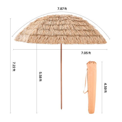 VEVOR 8 ft Tiki Umbrella, Thatched Patio Umbrella with Tilt, Hawaiian Style Beach Parasol with Durable PP Thatch and 8 Metal Ribs, Grass Pool