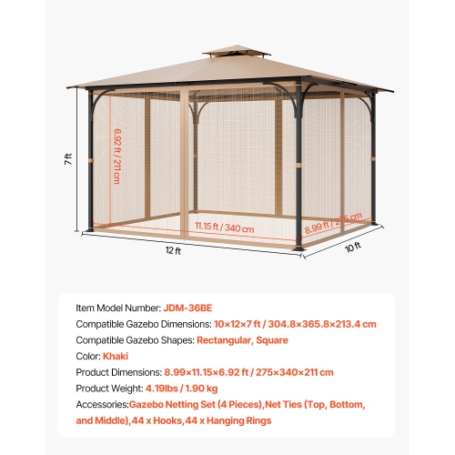 VEVOR Gazebo Netting Replacement, Fit Most 10 x 12 x 7 FT Gazebo Curtain, Outdoor Garden Net, 4-Panel Sidewall Mesh Net, Patio Midge Netting with
