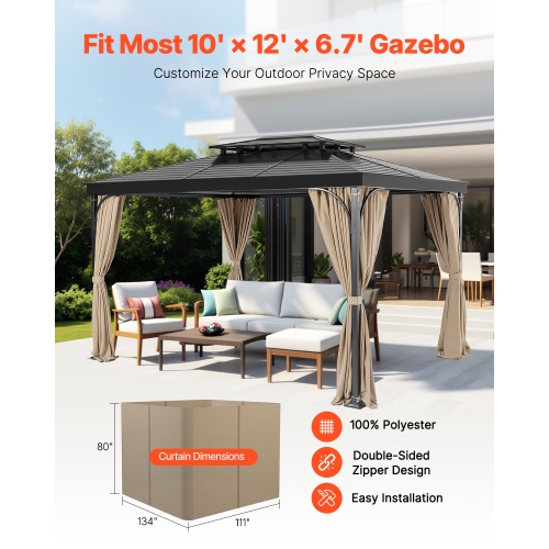 VEVOR Gazebo Curtains Outdoor, Fit Most 12' x 10' x 6.7' Gazebos, 4-Panel Sidewall Gazebo Privacy Curtains with Zippers, Outdoor Curtain Replacement