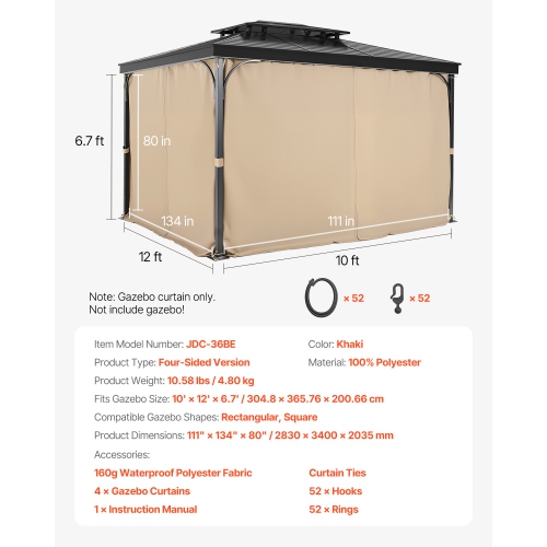 VEVOR Gazebo Curtains Outdoor, Fit Most 12' x 10' x 6.7' Gazebos, 4-Panel Sidewall Gazebo Privacy Curtains with Zippers, Outdoor Curtain Replacement