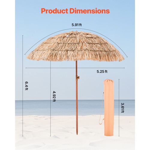 VEVOR 6 ft Tiki Umbrella, Thatched Patio Umbrella with Tilt, Hawaiian Style Beach Parasol with Durable PP Thatch and 8 Metal Ribs, Grass Pool