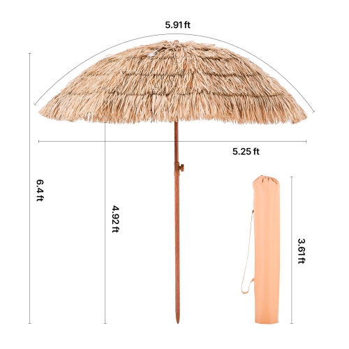 VEVOR 6 ft Tiki Umbrella, Thatched Patio Umbrella with Tilt, Hawaiian Style Beach Parasol with Durable PP Thatch and 8 Metal Ribs, Grass Pool