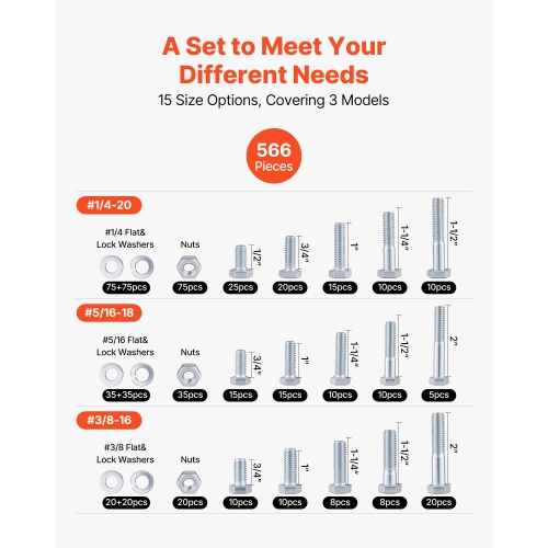 Assortiment de boulons et d'écrous VEVOR, 566 pièces, vis mécaniques impériales et rondelles plates, 1/4-20, 5/16-18, 3/8-16, pour assemblage de