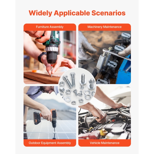 Assortiment de boulons et d'écrous VEVOR, 566 pièces, vis mécaniques impériales et rondelles plates, 1/4-20, 5/16-18, 3/8-16, pour assemblage de