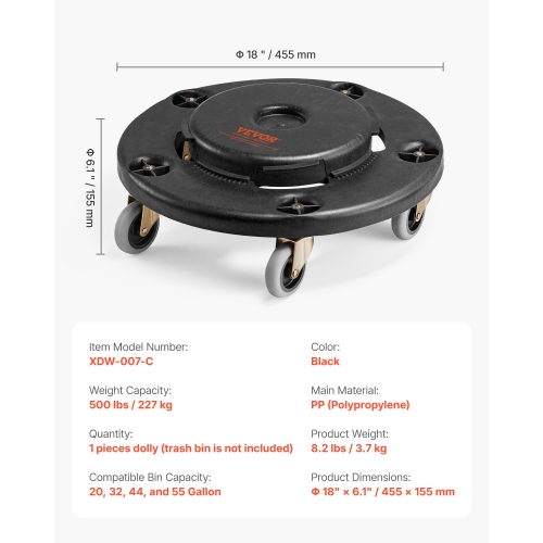 Chariot à poubelle VEVOR 500&nbsp;lb, capacité de 20, 32, 44 et 55 gallons Base roulante ronde pour poubelle avec 4 roulettes verrouillables, diable
