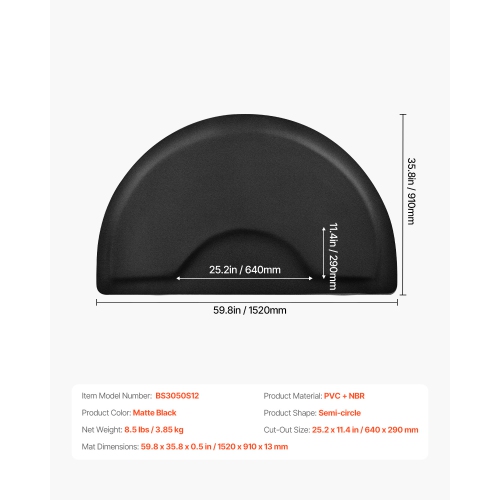 VEVOR 3 x 5 FT Salon Mat for Hair Stylist,Semi-circle Salon Chair Mat,1/2-inch Thickened Anti Fatigue Barber Shop Floor Mat with Round Cut Out,PVC