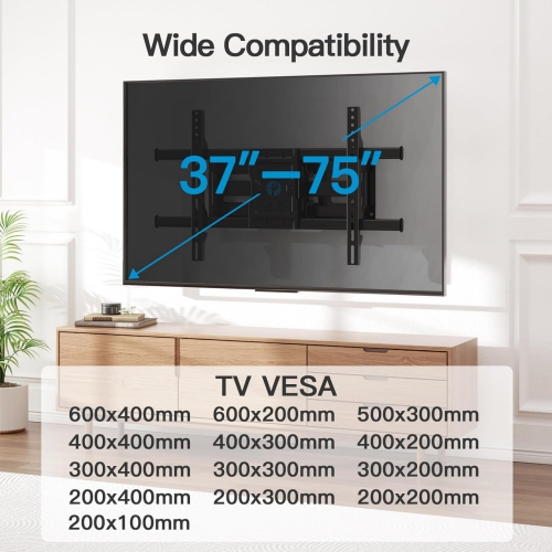 Full Motion TV Wall Mount for 37-75" Flat Curved TVs, TV Bracket with Dual Articulating Arms Swivel Tilt Rotation, Up to 132lbs Max VESA 600x400 Fit
