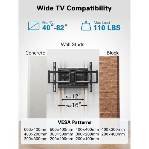 Large Full Motion TV Wall Mount for 40-82 inch Flat or Curved TVs up to 110 lbs, Fits 16” Wood Studs, TV Mount Bracket with Swivel, Extension, &