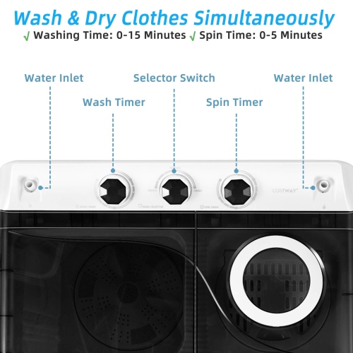 Costway 26lbs Portable Semi-automatic Twin Tub Washing Machine with Drain Pump