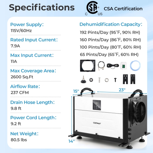 Costway 155/192 Pint Crawl Space Dehumidifier Commercial Dehumidifier with 3 Modes & 24H Timer Blue/White