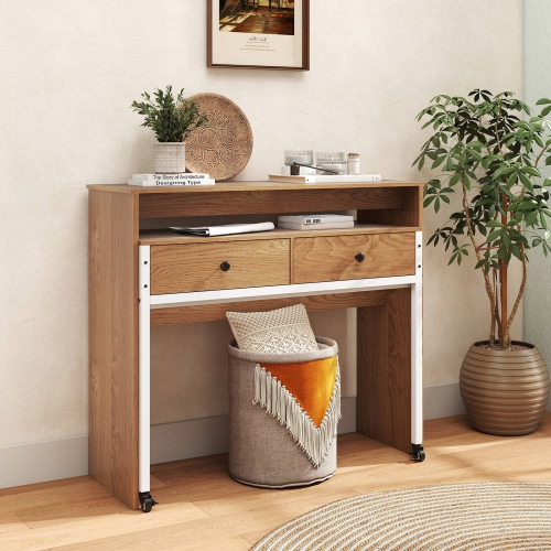 Costway 39.5" Expandable Rolling Computer Desk with Monitor Shelf 2-tier Desktop 2 Drawers Natural/Brown/Black