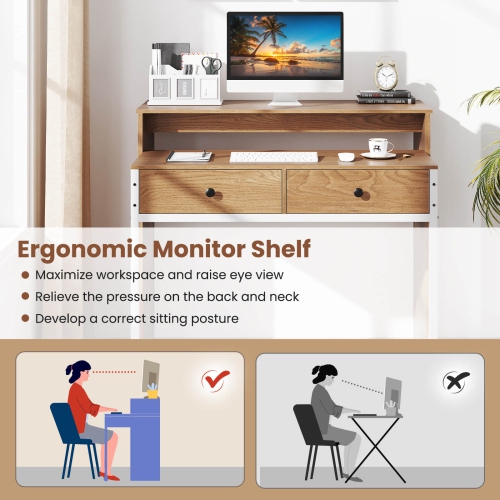 Costway 39.5" Expandable Rolling Computer Desk with Monitor Shelf 2-tier Desktop 2 Drawers Natural/Brown/Black