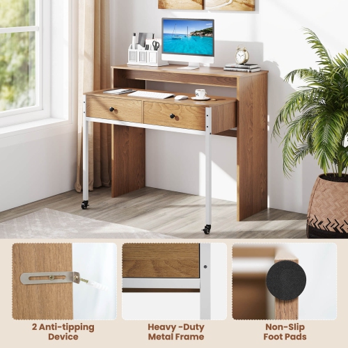 Costway 39.5" Expandable Rolling Computer Desk with Monitor Shelf 2-tier Desktop 2 Drawers Natural/Brown/Black