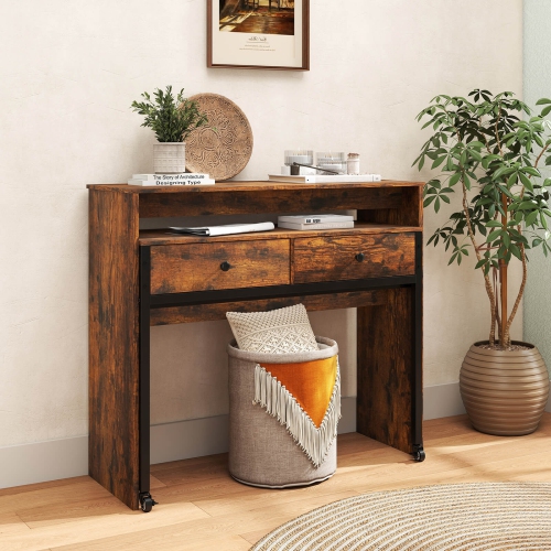 Costway 39.5" Expandable Rolling Computer Desk with Monitor Shelf 2-tier Desktop 2 Drawers Natural/Brown/Black