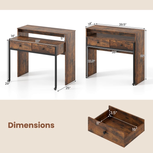 Costway 39.5" Expandable Rolling Computer Desk with Monitor Shelf 2-tier Desktop 2 Drawers Natural/Brown/Black