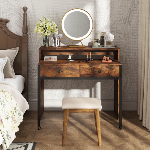 Costway 39.5" Expandable Rolling Computer Desk with Monitor Shelf 2-tier Desktop 2 Drawers Natural/Brown/Black