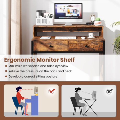 Costway 39.5" Expandable Rolling Computer Desk with Monitor Shelf 2-tier Desktop 2 Drawers Natural/Brown/Black