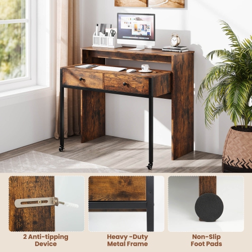 Costway 39.5" Expandable Rolling Computer Desk with Monitor Shelf 2-tier Desktop 2 Drawers Natural/Brown/Black