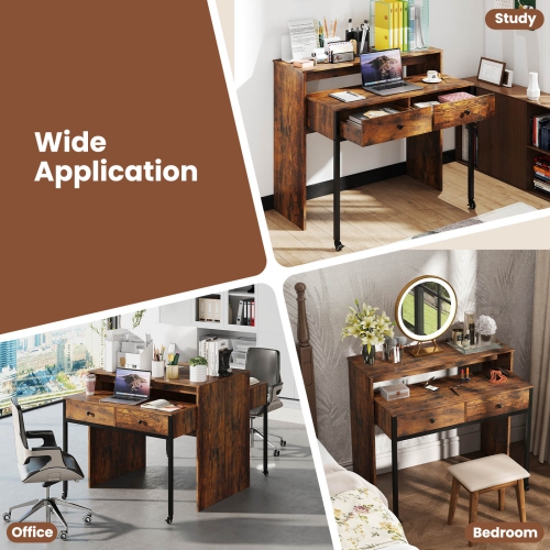 Costway 39.5" Expandable Rolling Computer Desk with Monitor Shelf 2-tier Desktop 2 Drawers Natural/Brown/Black