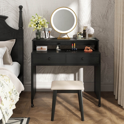 Costway 39.5" Expandable Rolling Computer Desk with Monitor Shelf 2-tier Desktop 2 Drawers Natural/Brown/Black