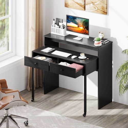 Costway 39.5" Expandable Rolling Computer Desk with Monitor Shelf 2-tier Desktop 2 Drawers Natural/Brown/Black