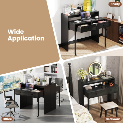 Costway 39.5" Expandable Rolling Computer Desk with Monitor Shelf 2-tier Desktop 2 Drawers Natural/Brown/Black