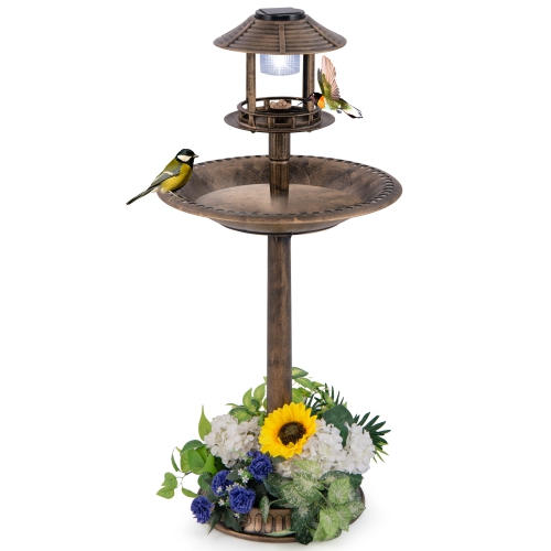 Costway 3-In-1 Pedestal Bird Bath with Solar Light with Bird Feeder & Flower Planter Antique Bronze/Bronze