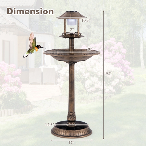 Costway 3-In-1 Pedestal Bird Bath with Solar Light with Bird Feeder & Flower Planter Antique Bronze/Bronze