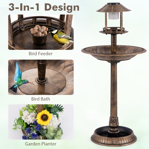 Costway 3-In-1 Pedestal Bird Bath with Solar Light with Bird Feeder & Flower Planter Antique Bronze/Bronze