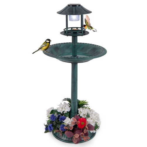 Costway 3-In-1 Pedestal Bird Bath with Solar Light with Bird Feeder & Flower Planter Antique Bronze/Bronze
