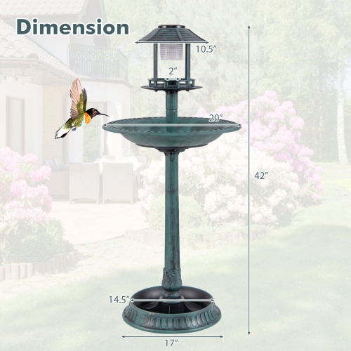 Costway 3-In-1 Pedestal Bird Bath with Solar Light with Bird Feeder & Flower Planter Antique Bronze/Bronze