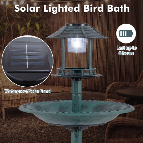 Costway 3-In-1 Pedestal Bird Bath with Solar Light with Bird Feeder & Flower Planter Antique Bronze/Bronze