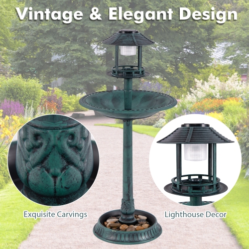 Costway 3-In-1 Pedestal Bird Bath with Solar Light with Bird Feeder & Flower Planter Antique Bronze/Bronze