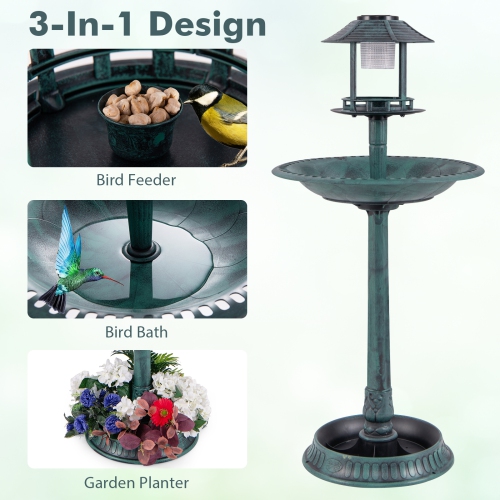 Costway 3-In-1 Pedestal Bird Bath with Solar Light with Bird Feeder & Flower Planter Antique Bronze/Bronze