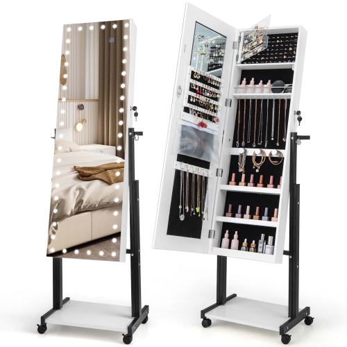 Costway 3-Color 46 LED Lights&nbsp;Mirror Jewelry Cabinet Armoire Adjustable Height with Wheels