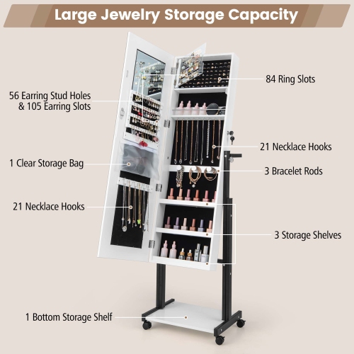 Costway 3-Color 46 LED Lights&nbsp;Mirror Jewelry Cabinet Armoire Adjustable Height with Wheels