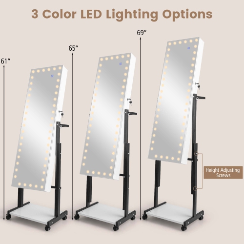 Costway 3-Color 46 LED Lights&nbsp;Mirror Jewelry Cabinet Armoire Adjustable Height with Wheels