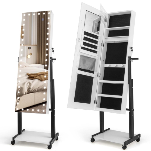 Costway 3-Color 46 LED Lights&nbsp;Mirror Jewelry Cabinet Armoire Adjustable Height with Wheels