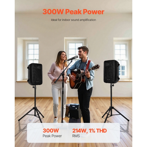 VEVOR 300W Portable PA System, Sound System Set with 8 Channel Mixer, Dual Speakers, Wireless Bluetooth, Microphone, Compact Stands, USB SD XLR RCA