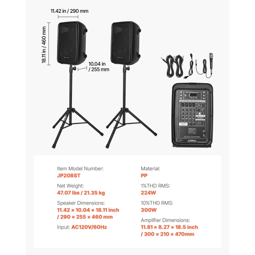 VEVOR 300W Portable PA System, Sound System Set with 8 Channel Mixer, Dual Speakers, Wireless Bluetooth, Microphone, Compact Stands, USB SD XLR RCA